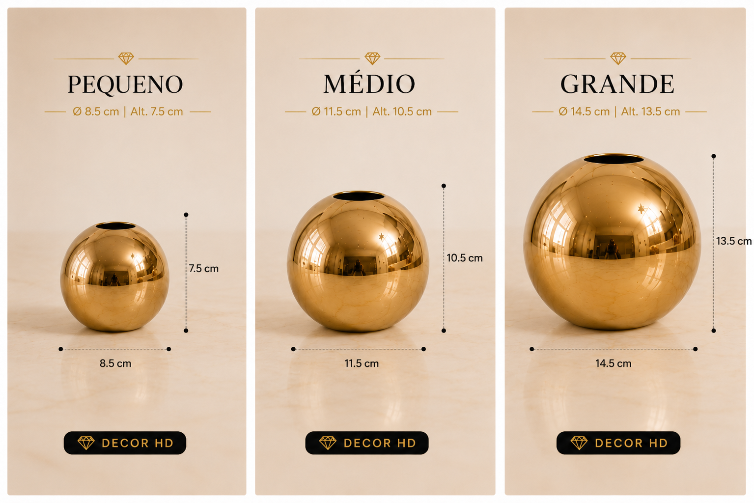 Compara&ccedil;&atilde;o dos tamanhos Pequeno, M&eacute;dio e Grande do Golden Glow